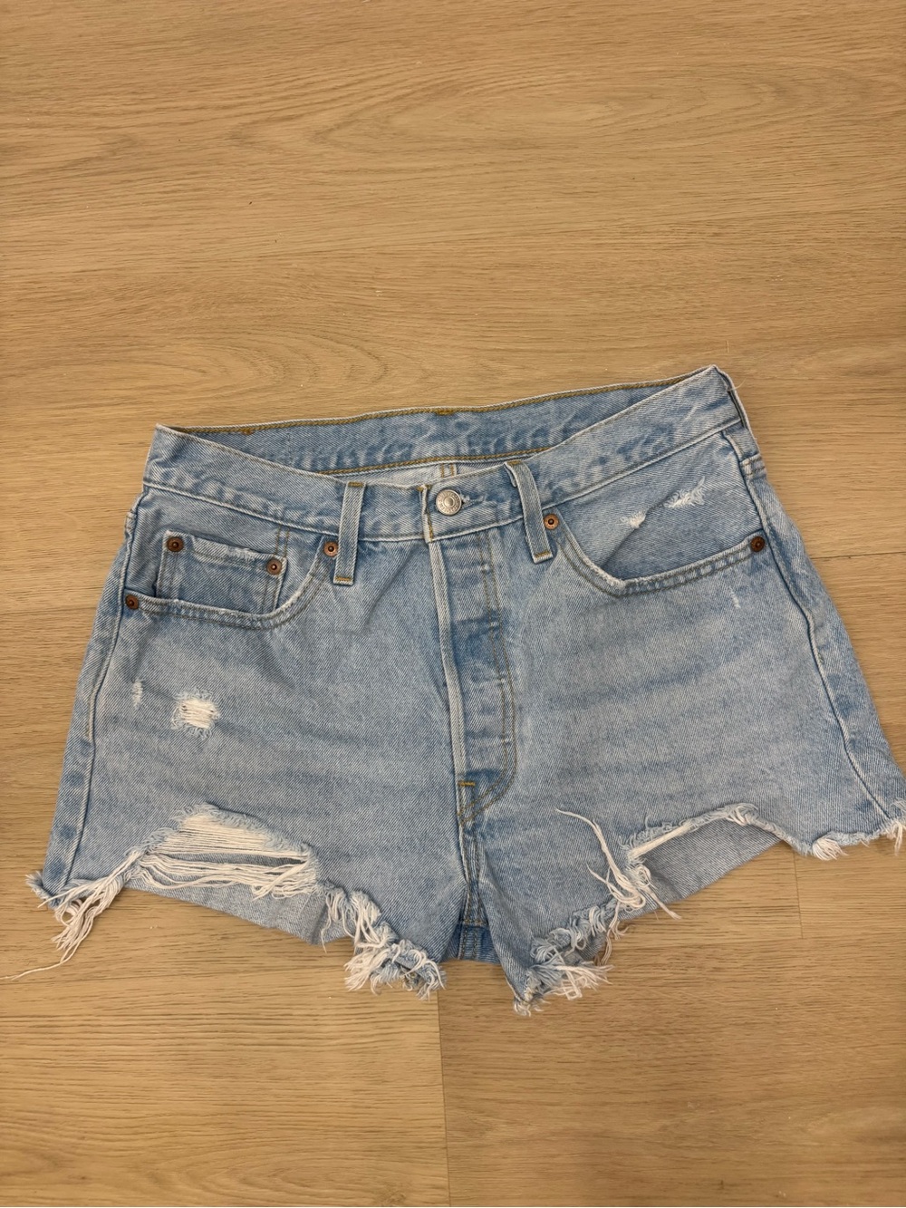 Levi’s 501 Distressed Cut Off Denim Shorts Light Wash